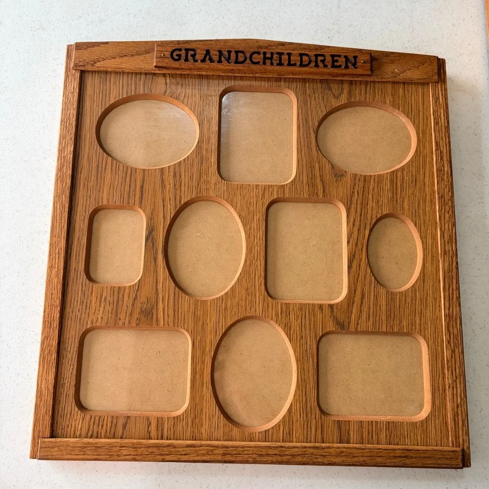 Vintage Oak Wood Grandchildren Multi Photo Frame 10 Opening Wall Decor Square